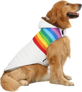 HDE Dog Puffer Jacket Fleece Lined Warm Dog Parka Winter Coat with Harness Hole White Rainbow Stripe - L