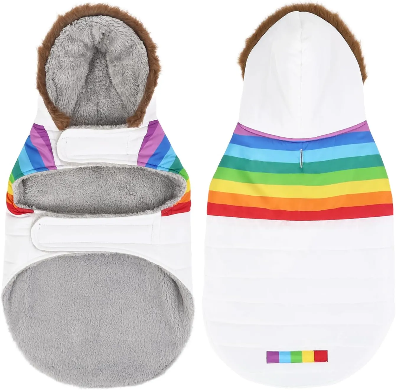 HDE Dog Puffer Jacket Fleece Lined Warm Dog Parka Winter Coat with Harness Hole White Rainbow Stripe - L