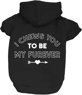I Chews You to Be My Furever Valentine's Day Dog Hoodie Fleece Lined Pullover Sweatshirt with Leash Hole (Black, Medium 1219)