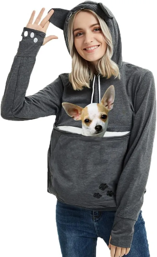 Jomago Womens Pet Carrier Thin Hoodies Kitten Puppy Pouch Shirts Animal Holder Hood Long Sleeve Sweatshirt