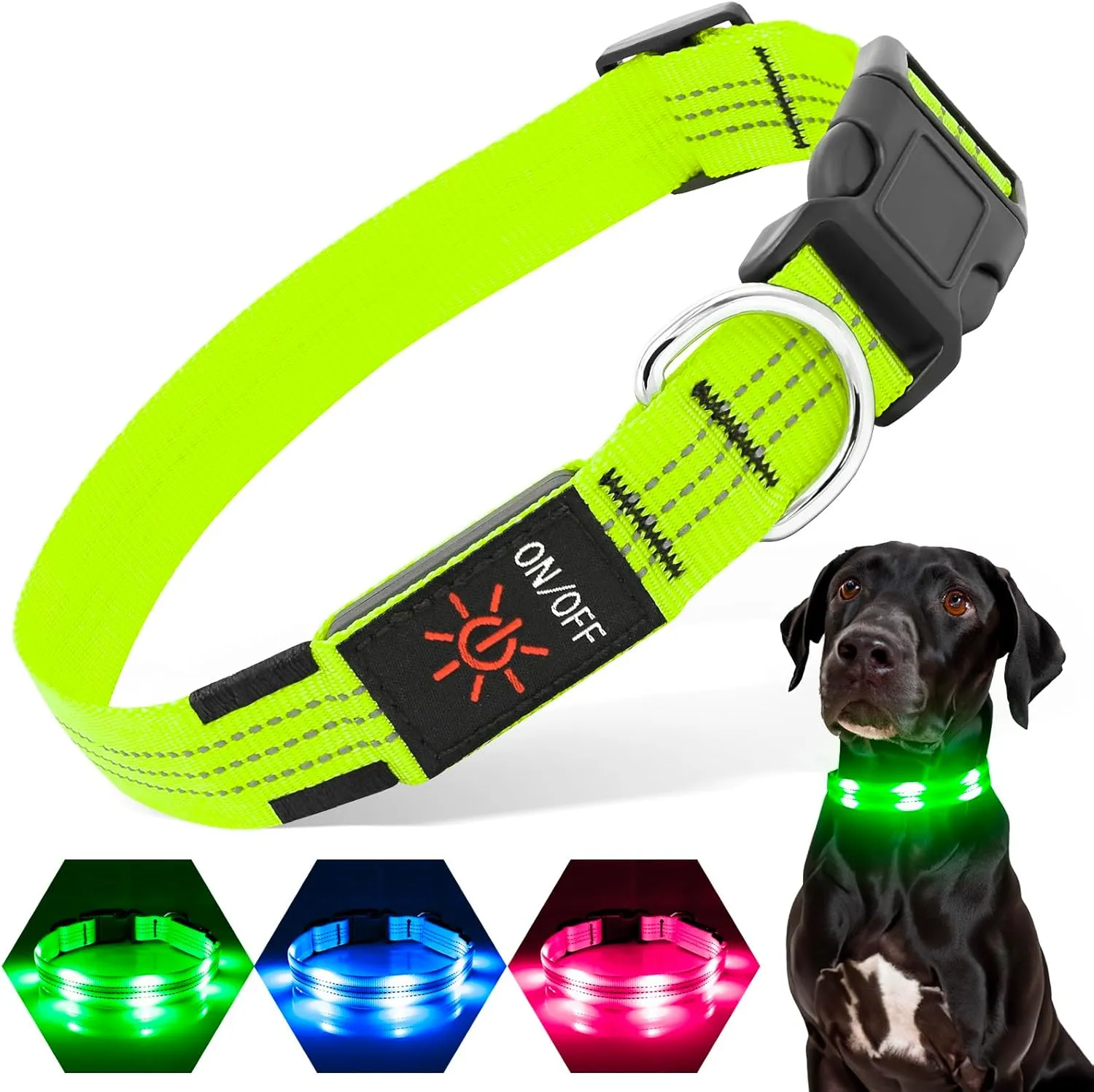 LED Light Up Dog Collars Micro USB Rechargeable, Fully Adjustable & Bright Lighted Glow Dark Dog Collars Light for Small Medium Large Dogs, Safety Dog Light for Night Walking-Green, Large
