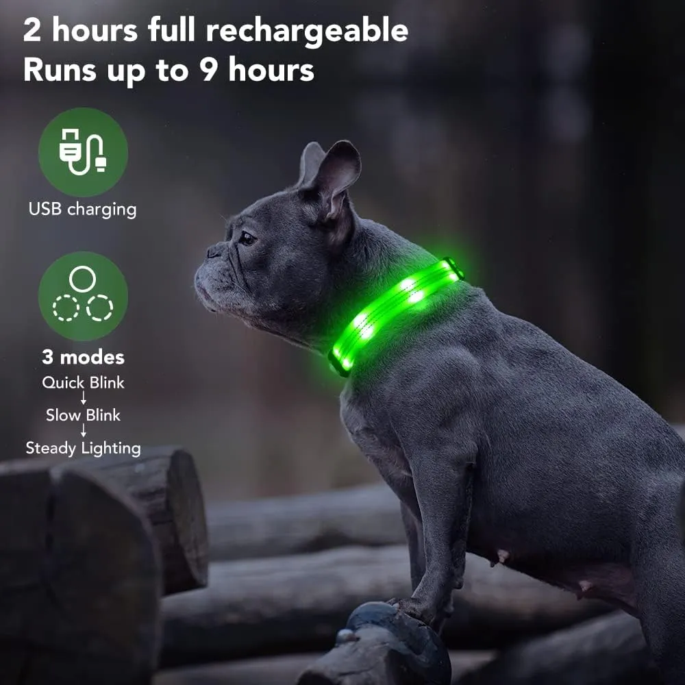 LED Light Up Dog Collars Micro USB Rechargeable, Fully Adjustable & Bright Lighted Glow Dark Dog Collars Light for Small Medium Large Dogs, Safety Dog Light for Night Walking-Green, Large
