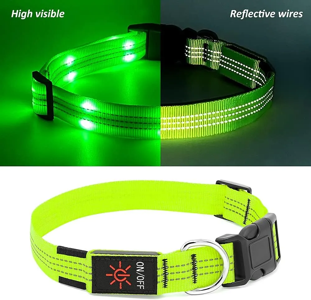 LED Light Up Dog Collars Micro USB Rechargeable, Fully Adjustable & Bright Lighted Glow Dark Dog Collars Light for Small Medium Large Dogs, Safety Dog Light for Night Walking-Green, Large