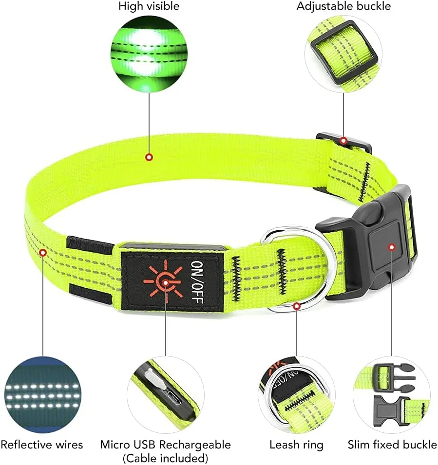 LED Light Up Dog Collars Micro USB Rechargeable, Fully Adjustable & Bright Lighted Glow Dark Dog Collars Light for Small Medium Large Dogs, Safety Dog Light for Night Walking-Green, Large
