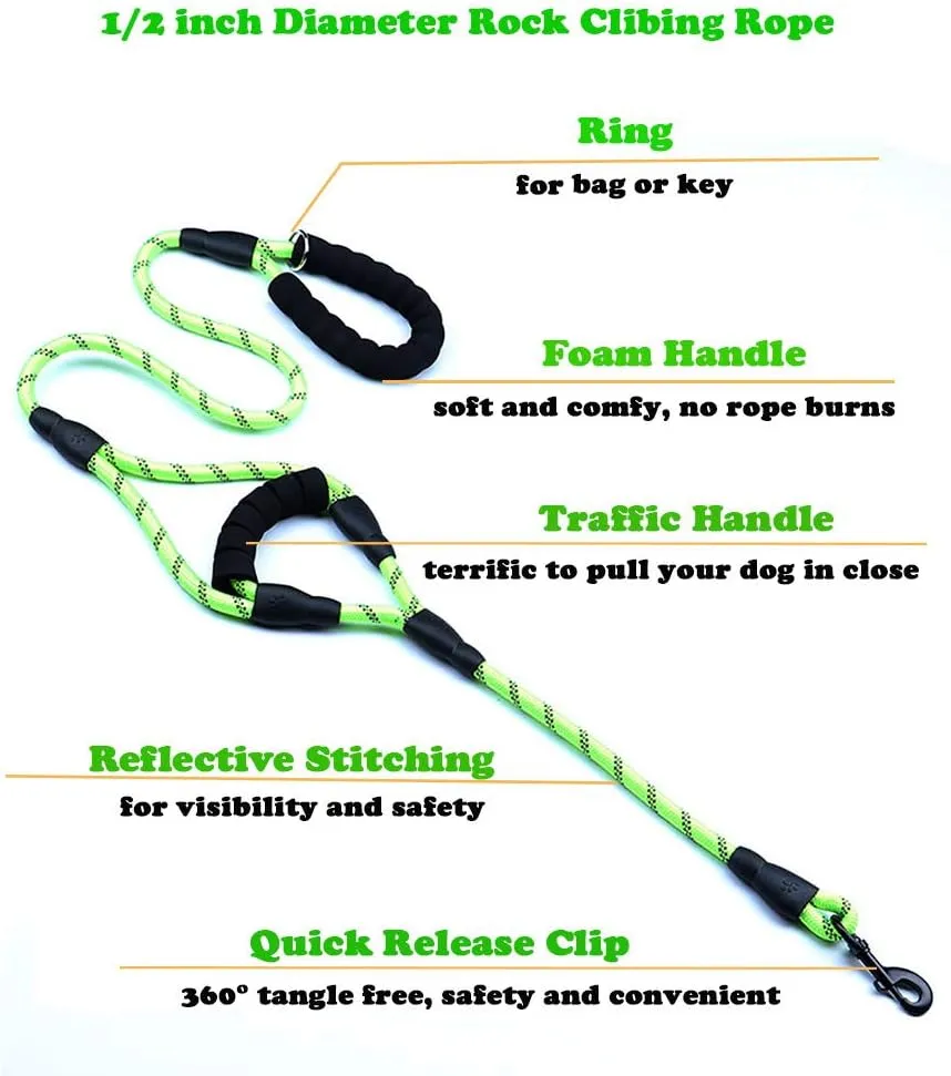 Love Dream Dog Leash 5ft Long with 2 Comfortable Padded Handles, Reflective Threads Double Handles Lead for Control Safety Dog Training Leash for Small Medium Large Dogs (5 FT, Green)