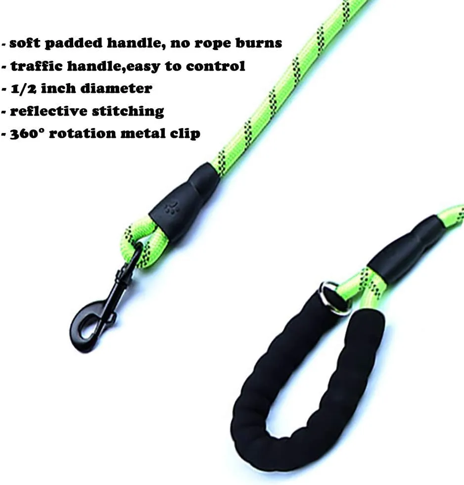 Love Dream Dog Leash 5ft Long with 2 Comfortable Padded Handles, Reflective Threads Double Handles Lead for Control Safety Dog Training Leash for Small Medium Large Dogs (5 FT, Green)