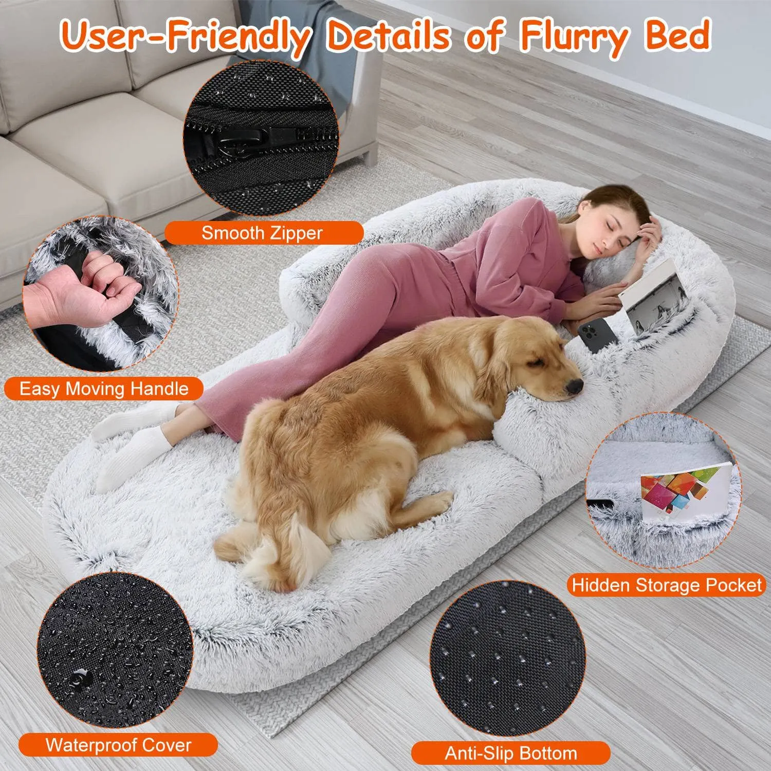 Napping Human-Sized Dog Bed Machine Washable Zipped Removable Cover