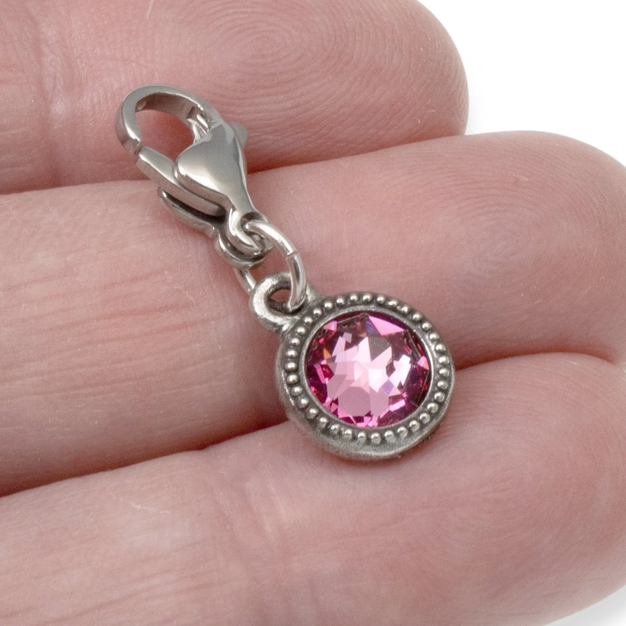 October Birthstone Clip-On Charm, Rose Pink Crystal with Clip-On Design and Lobster Clasp, Unique Present for Birthday, Small Gift Idea