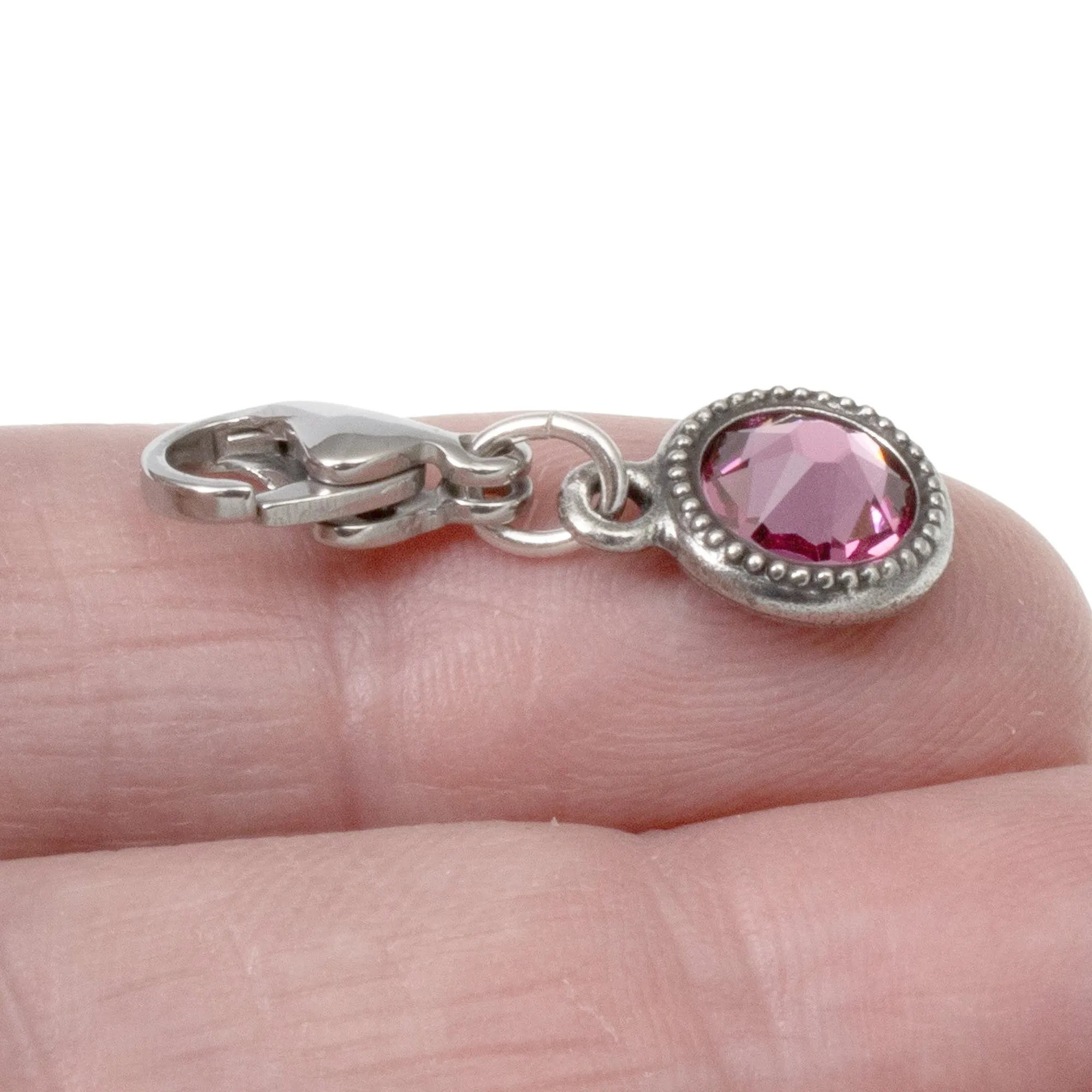 October Birthstone Clip-On Charm, Rose Pink Crystal with Clip-On Design and Lobster Clasp, Unique Present for Birthday, Small Gift Idea