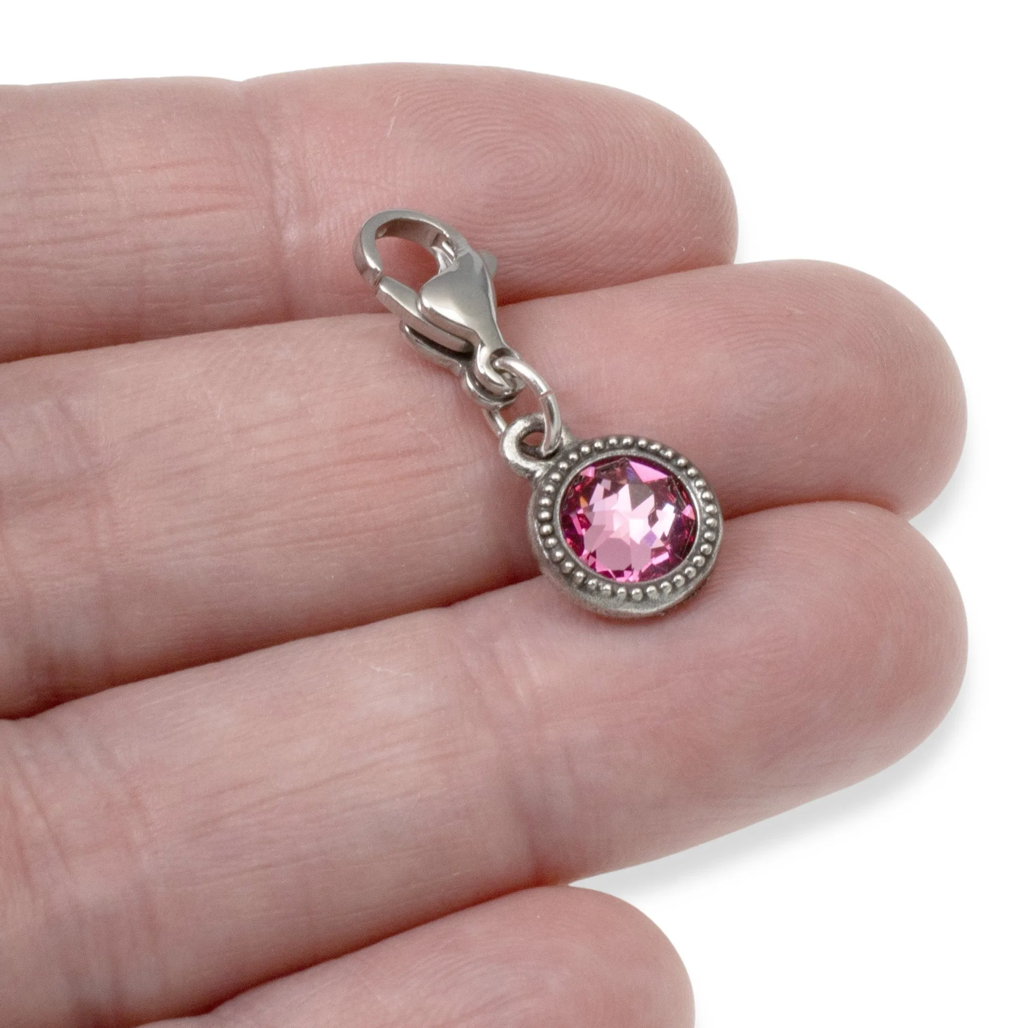 October Birthstone Clip-On Charm, Rose Pink Crystal with Clip-On Design and Lobster Clasp, Unique Present for Birthday, Small Gift Idea