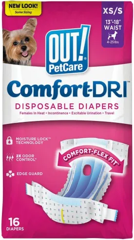 OUT! Petcare Disposable Dog Diapers for Female Dogs, Dog Heat Diapers, Female Dog Period Pads, Female Doggy Diaper for Peeing, Pet Diapers for Small Pets,13-18 Waist, XS/Small, 16 Count
