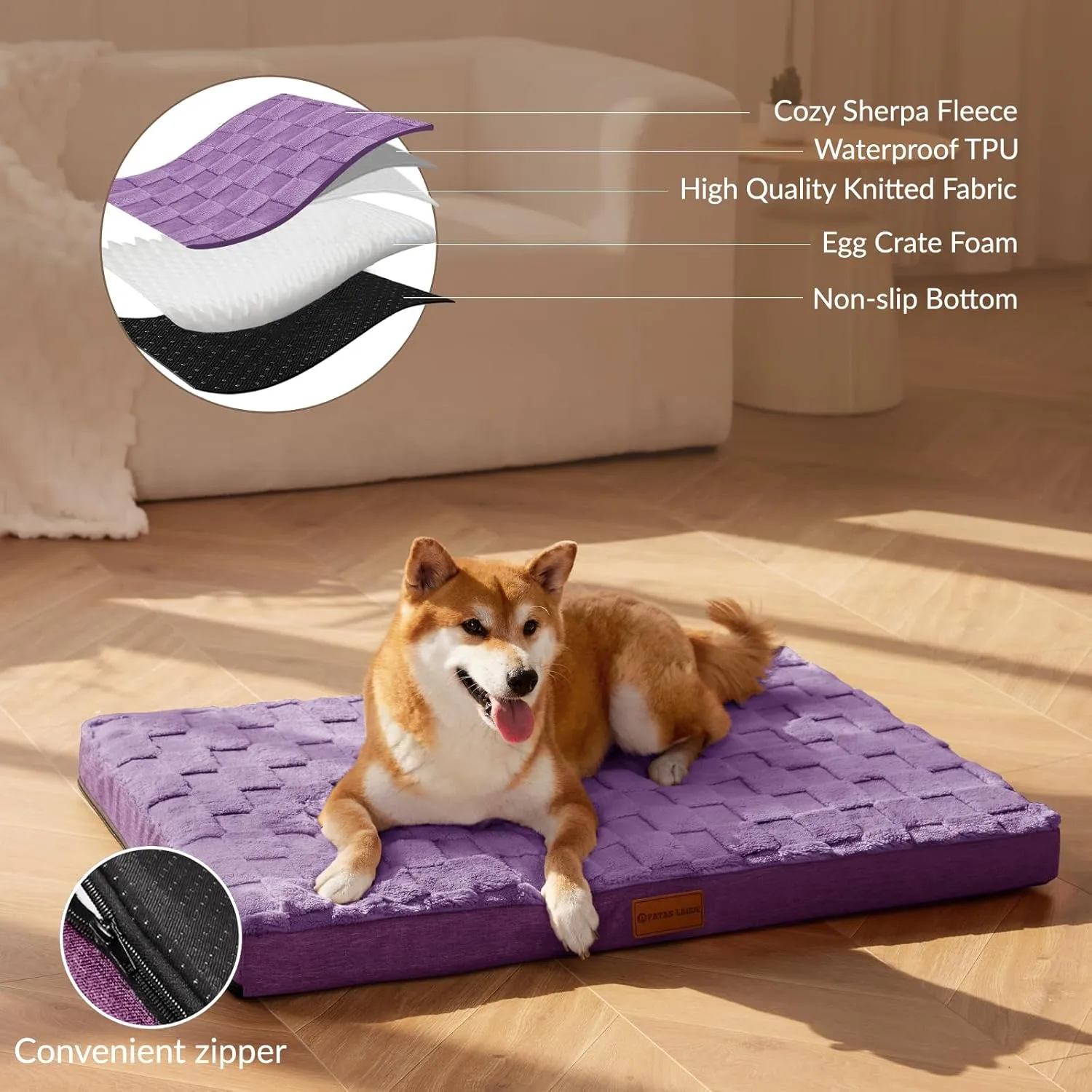 Patas Lague Orthopedic Dog Bed for Large Dogs, Waterproof Soft Warm Comfortable Egg Crate Foam Medium Pet Beds Mat with Removable Washable Cover and Nonskid Bottom, 36''X24'' Purple