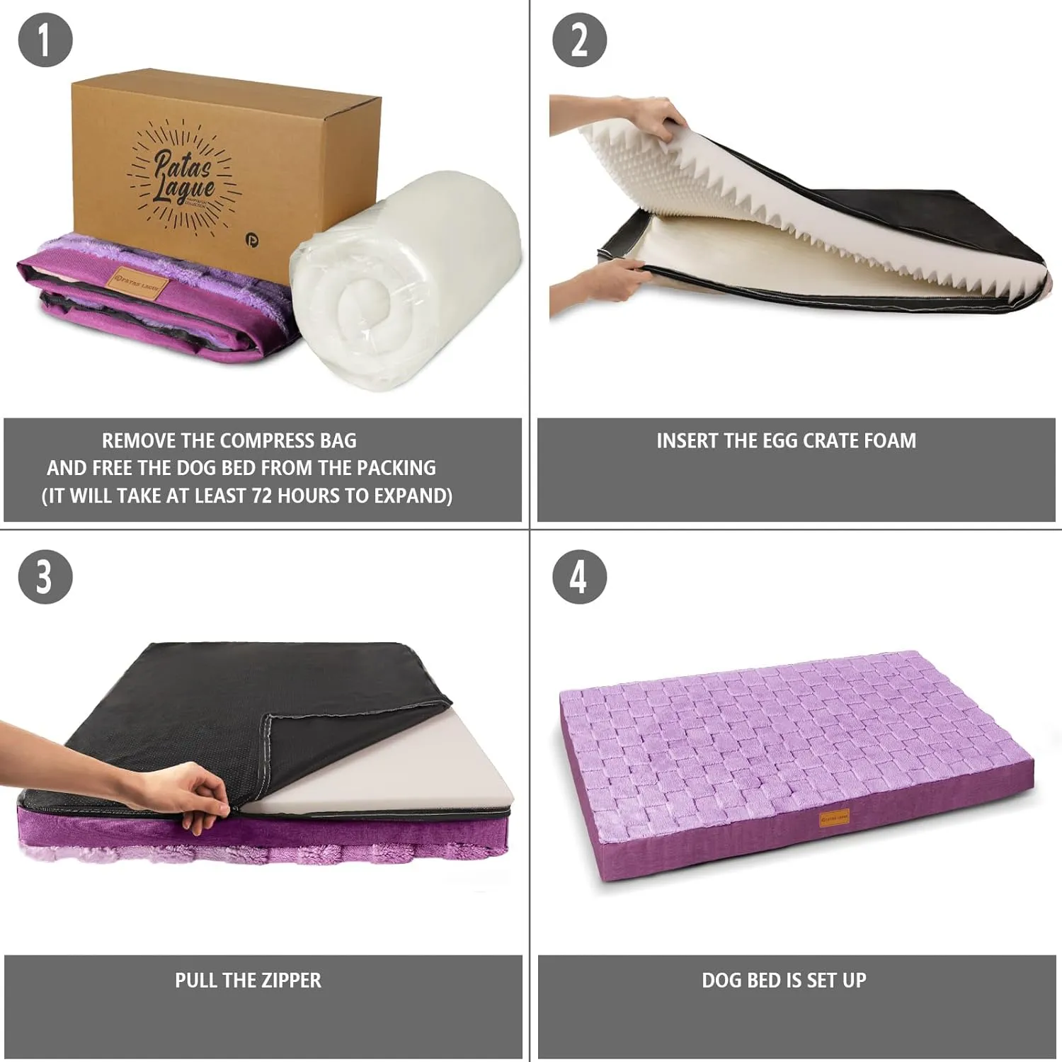 Patas Lague Orthopedic Dog Bed for Large Dogs, Waterproof Soft Warm Comfortable Egg Crate Foam Medium Pet Beds Mat with Removable Washable Cover and Nonskid Bottom, 36''X24'' Purple