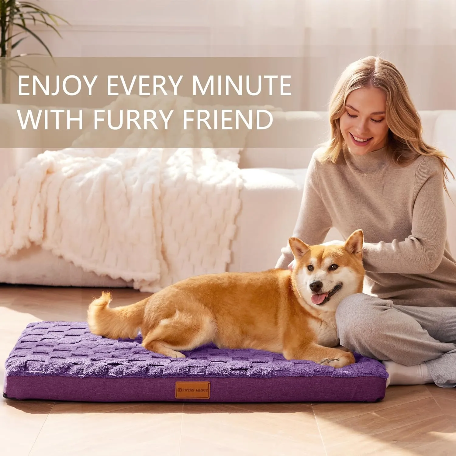 Patas Lague Orthopedic Dog Bed for Large Dogs, Waterproof Soft Warm Comfortable Egg Crate Foam Medium Pet Beds Mat with Removable Washable Cover and Nonskid Bottom, 36''X24'' Purple