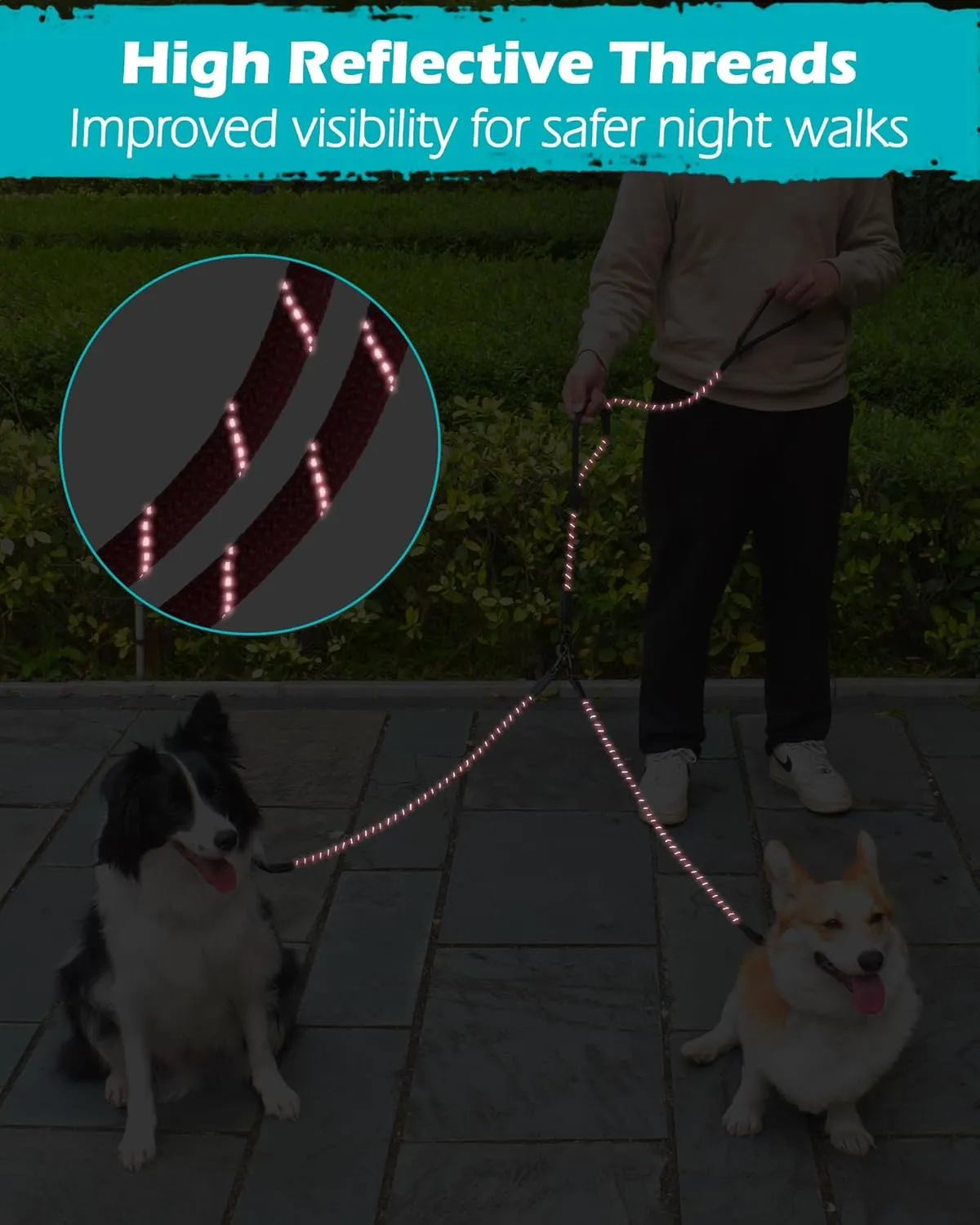 PetBonus Rope Double Dog Leash, No Tangle Dual Leash, Reflective Walking Training Lead with Two Comfortable Padded Handles, Lead Coupler for Medium Large Dogs (1/3" x 6.5FT, Red)