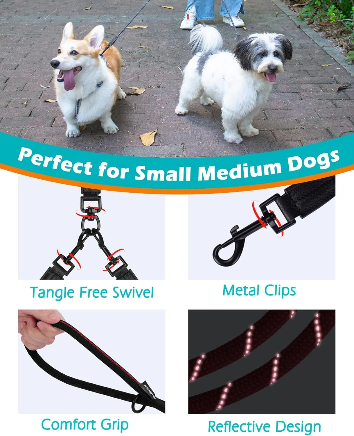 PetBonus Rope Double Dog Leash, No Tangle Dual Leash, Reflective Walking Training Lead with Two Comfortable Padded Handles, Lead Coupler for Medium Large Dogs (1/3" x 6.5FT, Red)