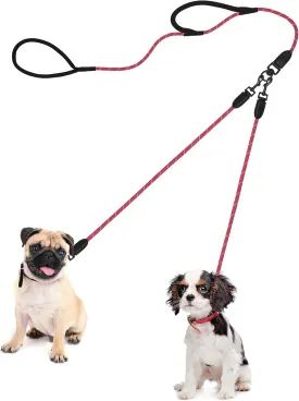 PetBonus Rope Double Dog Leash, No Tangle Dual Leash, Reflective Walking Training Lead with Two Comfortable Padded Handles, Lead Coupler for Medium Large Dogs (1/3" x 6.5FT, Red)
