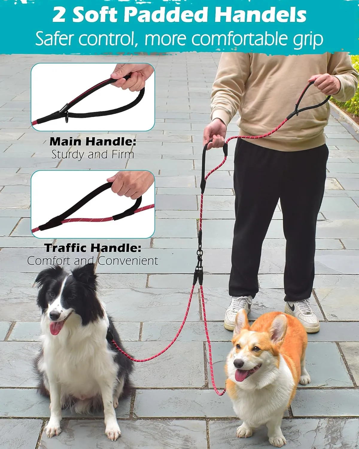 PetBonus Rope Double Dog Leash, No Tangle Dual Leash, Reflective Walking Training Lead with Two Comfortable Padded Handles, Lead Coupler for Medium Large Dogs (1/3" x 6.5FT, Red)
