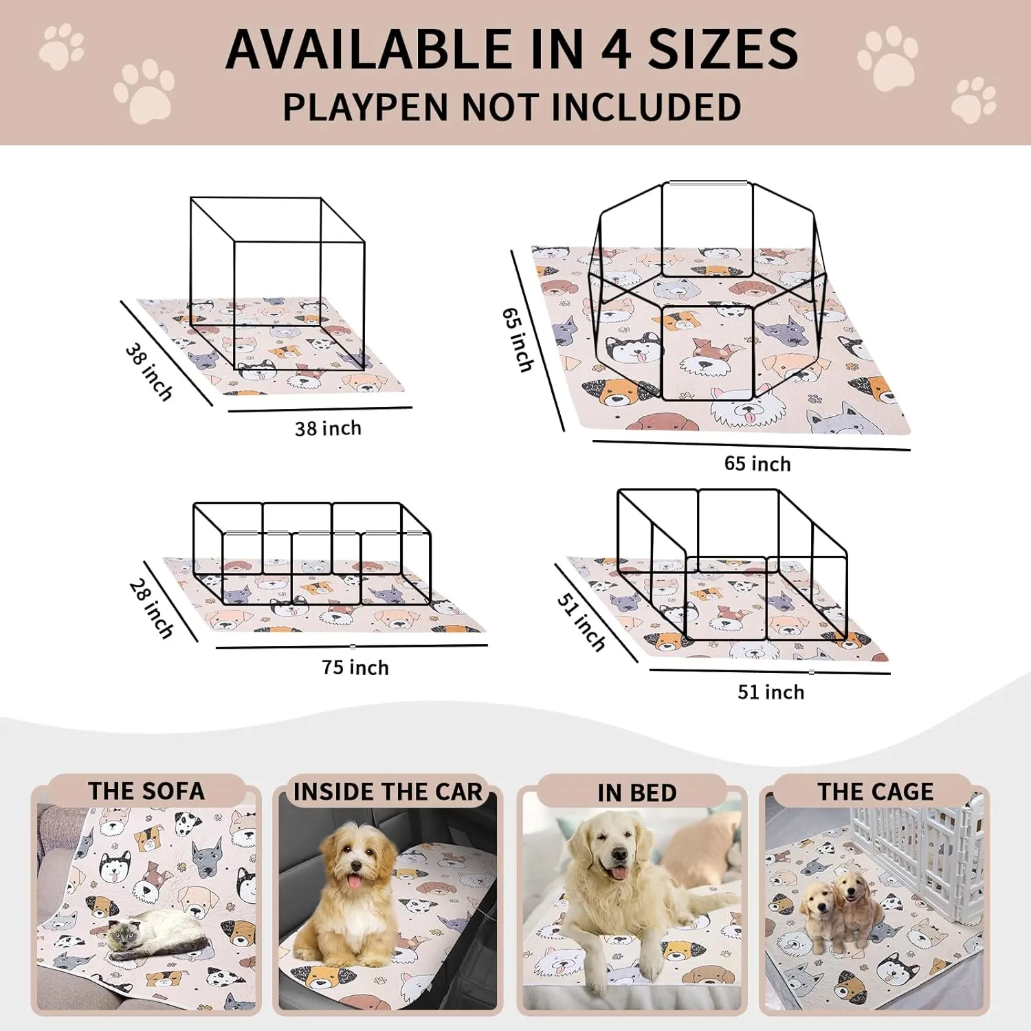 Puppy Playpen Mat Crate Pad, Reusable Dog Pee Pads Washable for Pet Training, Housebreaking, and Incontinence, Waterproof/Anti-Slip/Machine Washable (Woof woof, 38x38 Inch-1 Pack)