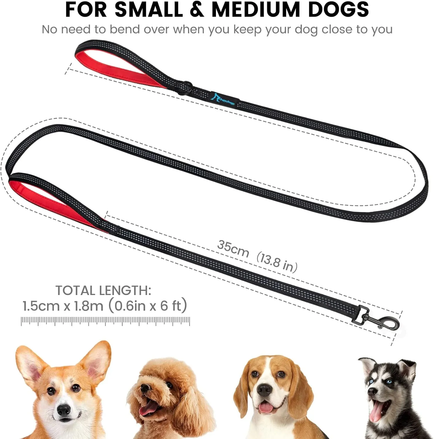 PuppyDoggy Dog Leash for Small to Medium Dogs 6 ft with 3 Reflective Stitching and 2 Traffic Padded Handles Dog Lead/Rope, Pet Leash for Running Walking Training (Black 1 Pack - 6 ft x 0.6 in)