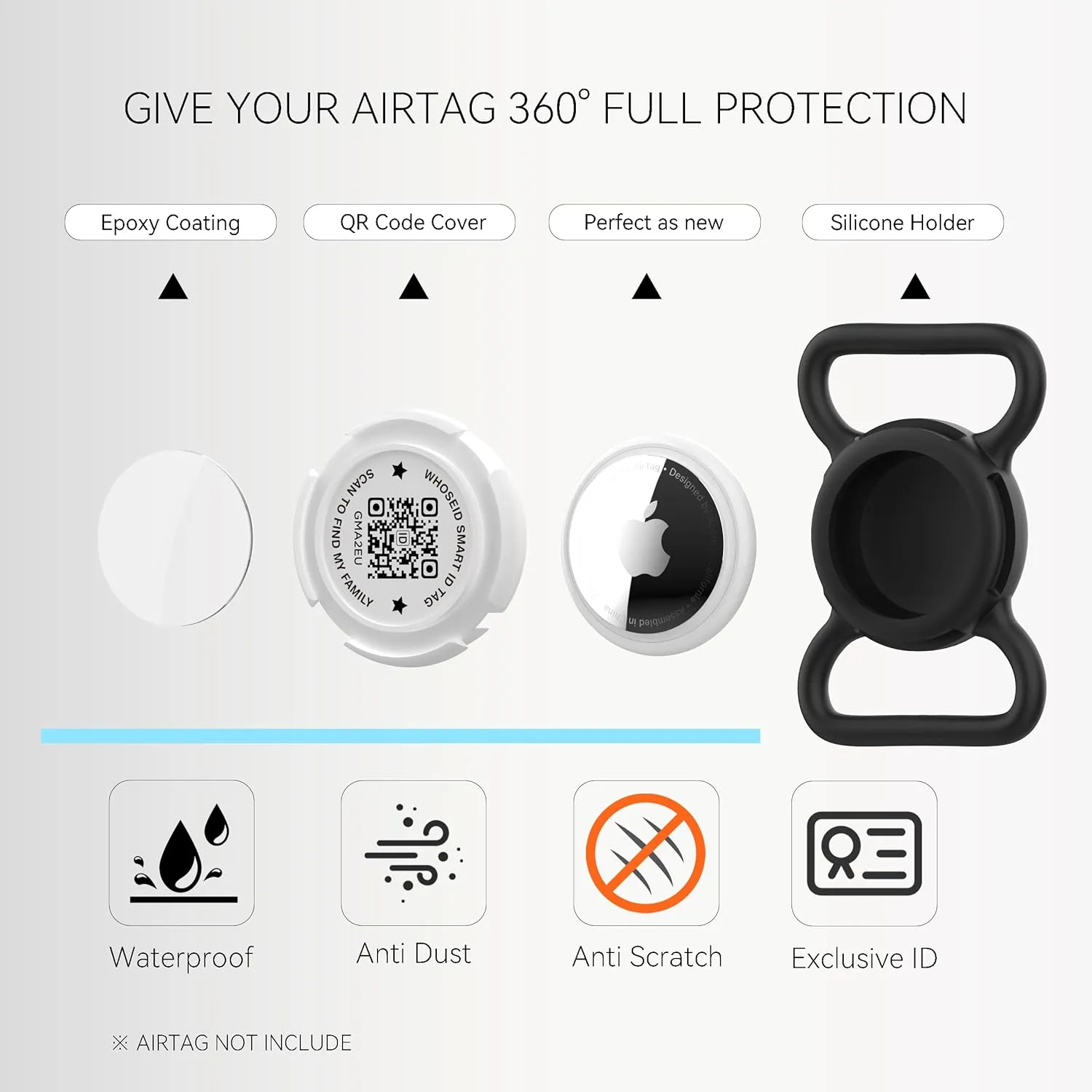 QR Code Airtag Holder, Scan QR Code Send Location Alert Email, Waterproof Full Body Protection Anti-Lost Air Tag Case, Airtag Accessories for Dog, Cats, Collar, Backpack (Black, Large)