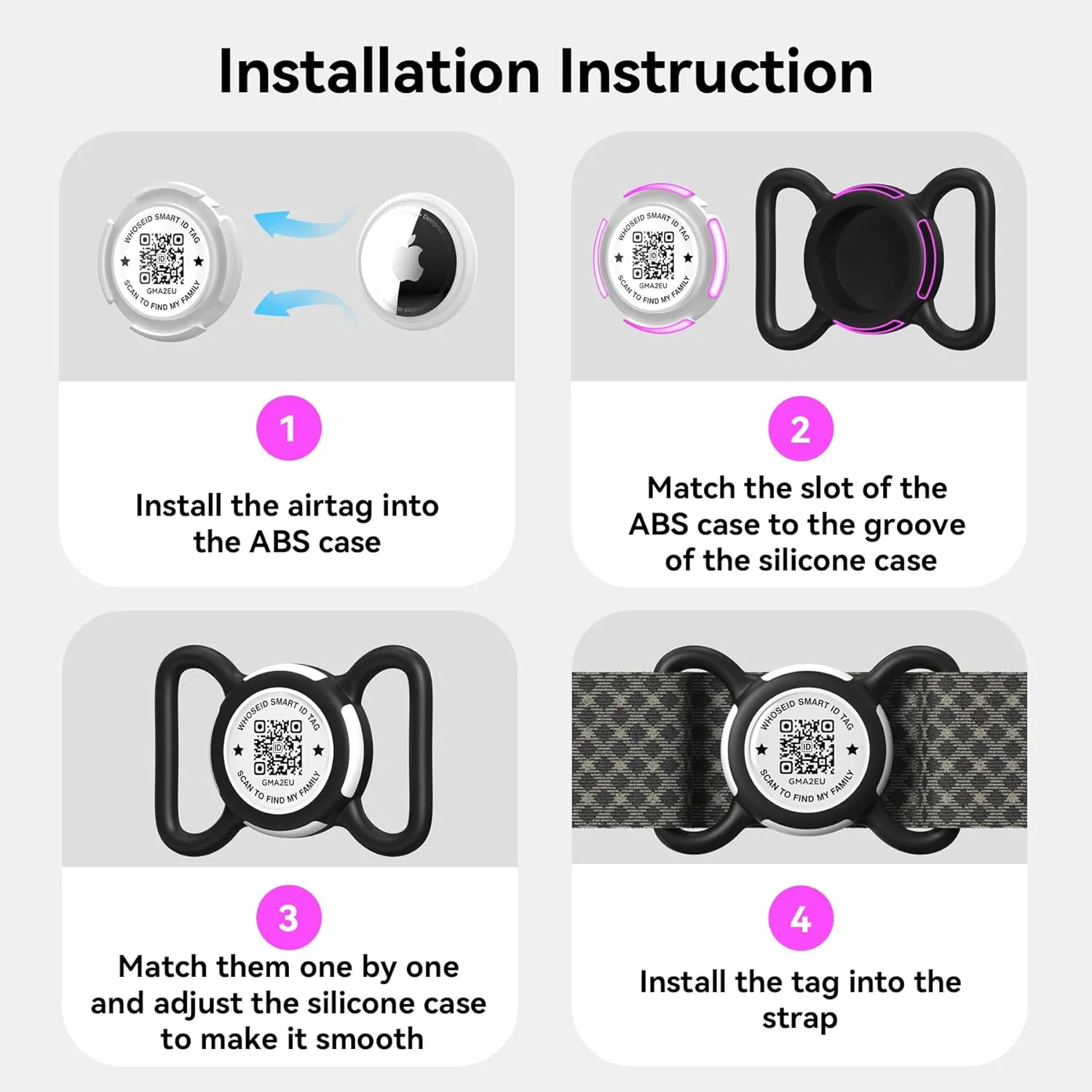 QR Code Airtag Holder, Scan QR Code Send Location Alert Email, Waterproof Full Body Protection Anti-Lost Air Tag Case, Airtag Accessories for Dog, Cats, Collar, Backpack (Black, Large)