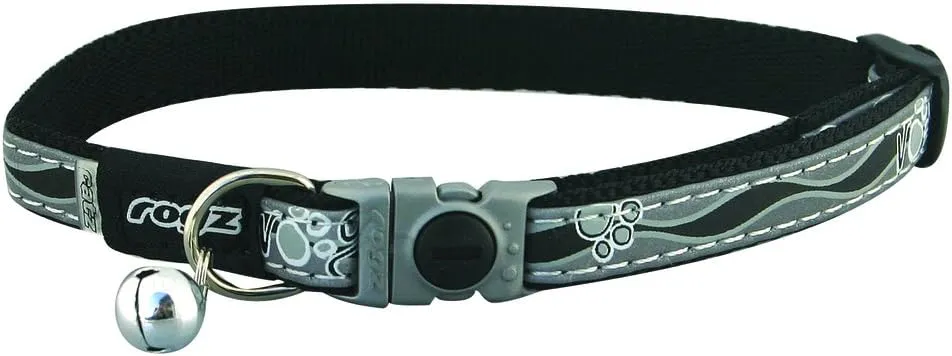 Rogz Reflective Cat Collar with Breakaway Clip and Removable Bell, fully adjustable to fit most breeds, Black Paw Design