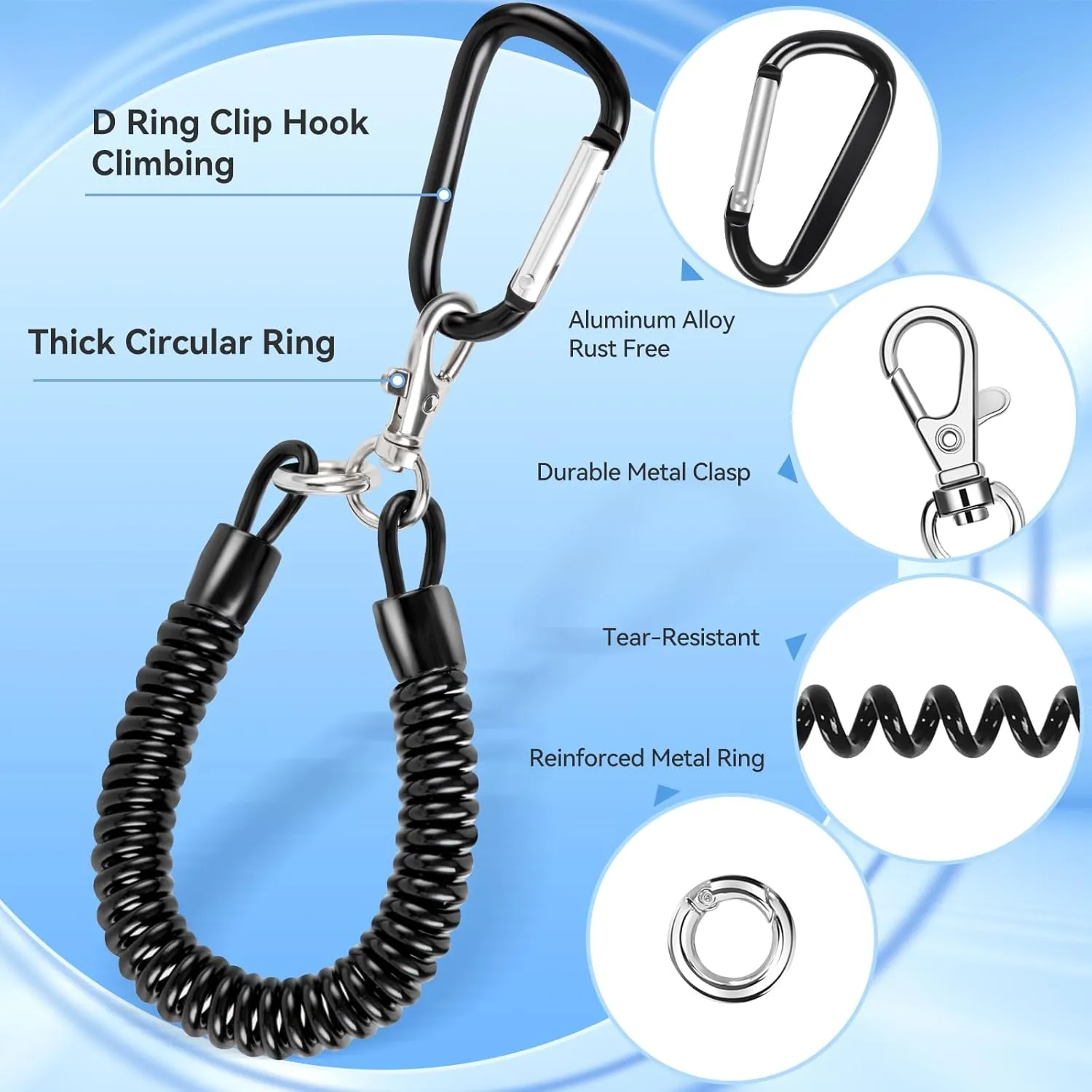 SHANSHUI Phone Lanyard Tether, Anti Theft Spring Phone Strap, 4 x Phone Pacthes & Climbing Hook Universal Phone Lanyard for Keys Outdoor Skiing Hiking Fishing Fitting for All Smartphones - 2PCS Black