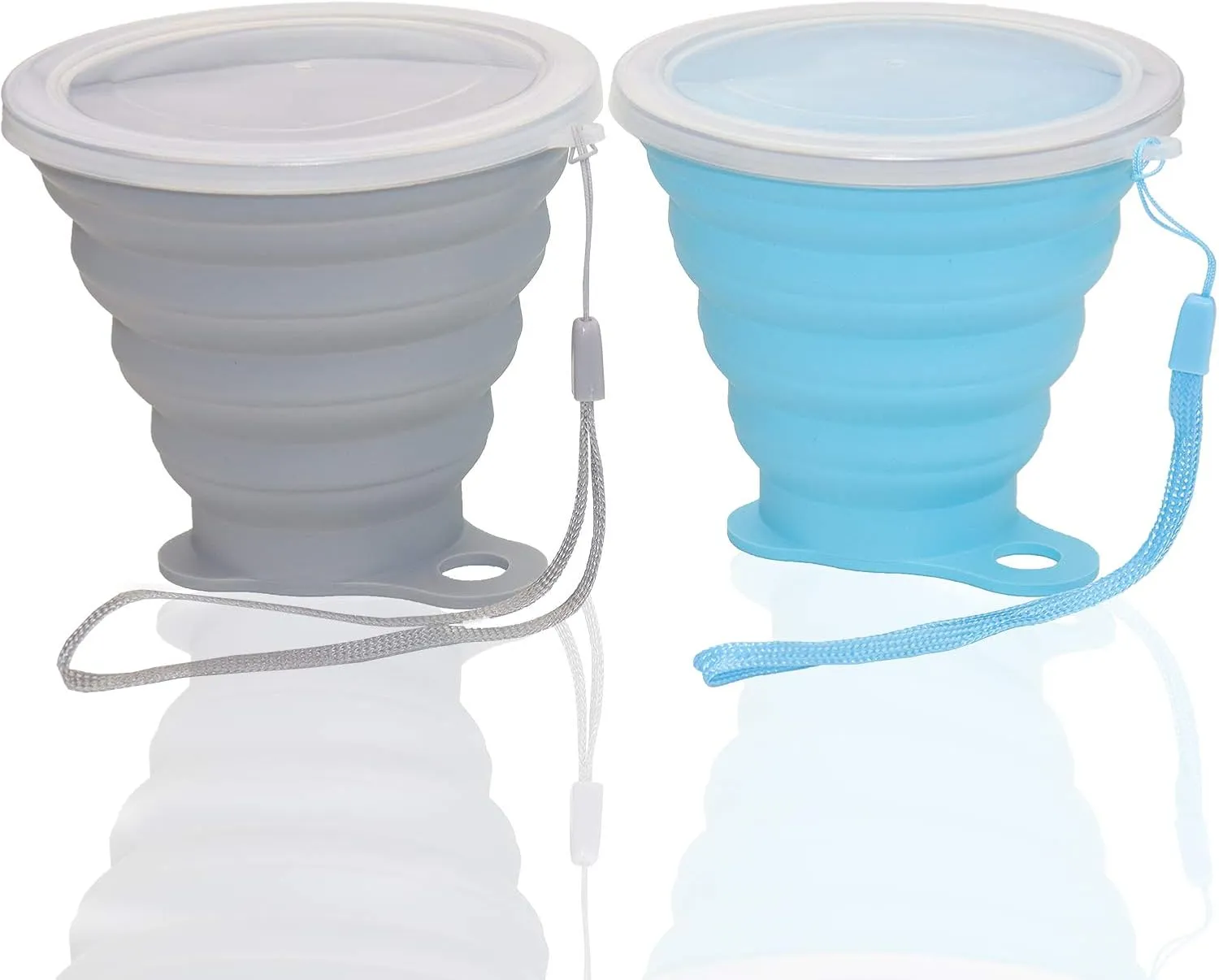 Silicone Collapsible Cups for Camping Travel, Small Portable Drinking Cup with Lids Reusable for Outdoor Hiking 270ml (Blue/Gray, 2 Pack)