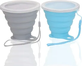 Silicone Collapsible Cups for Camping Travel, Small Portable Drinking Cup with Lids Reusable for Outdoor Hiking 270ml (Blue/Gray, 2 Pack)