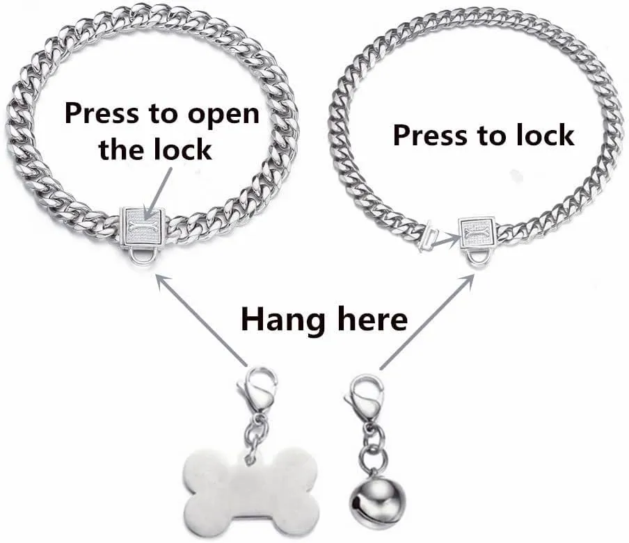 Silver Cuban Link Dog Collar Chew Proof Metal Stainless Steel Dog Chain Collar with CZ Lock,ID Tag and Bell 11/15/19MM for Small Medium Large Dogs(11mm,20inch)