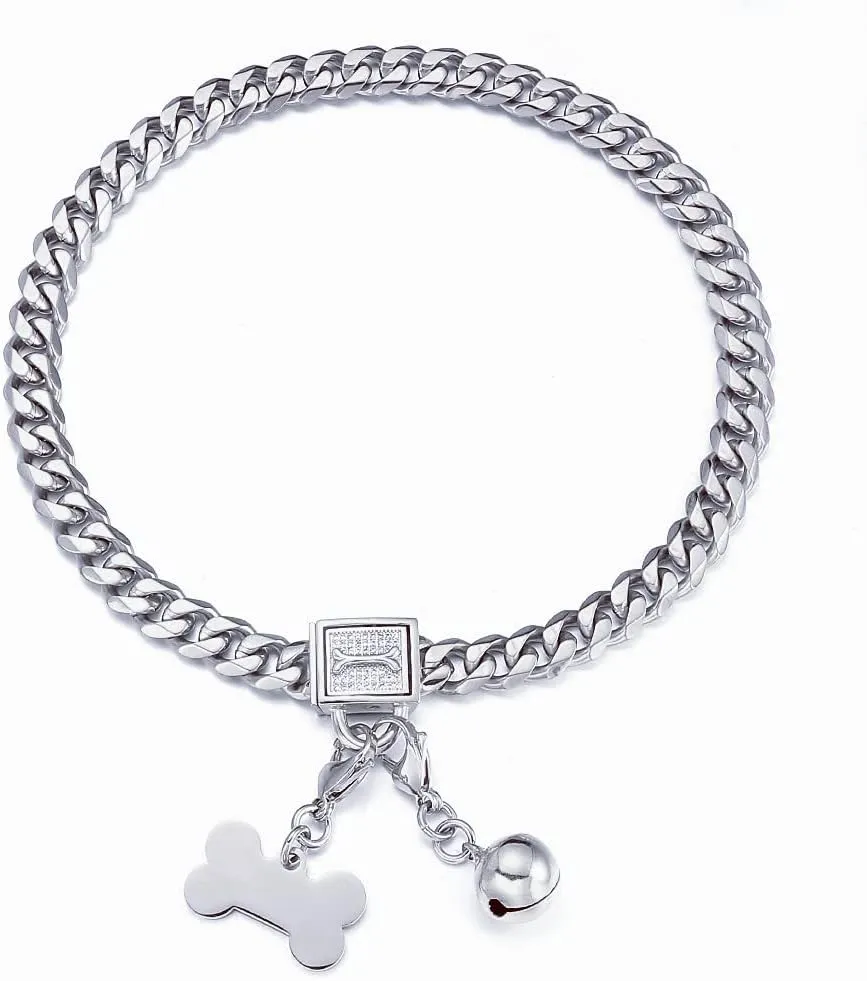 Silver Cuban Link Dog Collar Chew Proof Metal Stainless Steel Dog Chain Collar with CZ Lock,ID Tag and Bell 11/15/19MM for Small Medium Large Dogs(11mm,20inch)