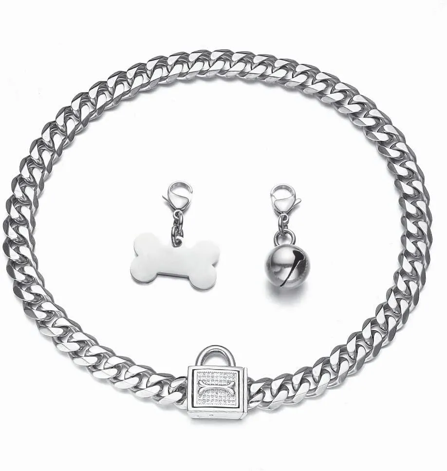 Silver Cuban Link Dog Collar Chew Proof Metal Stainless Steel Dog Chain Collar with CZ Lock,ID Tag and Bell 11/15/19MM for Small Medium Large Dogs(11mm,20inch)