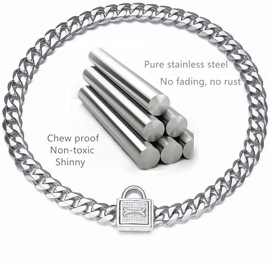 Silver Cuban Link Dog Collar Chew Proof Metal Stainless Steel Dog Chain Collar with CZ Lock,ID Tag and Bell 11/15/19MM for Small Medium Large Dogs(11mm,20inch)