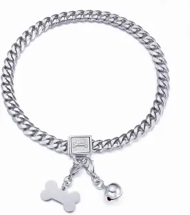 Silver Cuban Link Dog Collar Chew Proof Metal Stainless Steel Dog Chain Collar with CZ Lock,ID Tag and Bell 11/15/19MM for Small Medium Large Dogs(11mm,20inch)