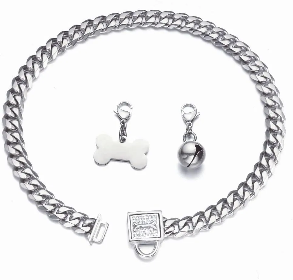 Silver Cuban Link Dog Collar Chew Proof Metal Stainless Steel Dog Chain Collar with CZ Lock,ID Tag and Bell 11/15/19MM for Small Medium Large Dogs(11mm,20inch)