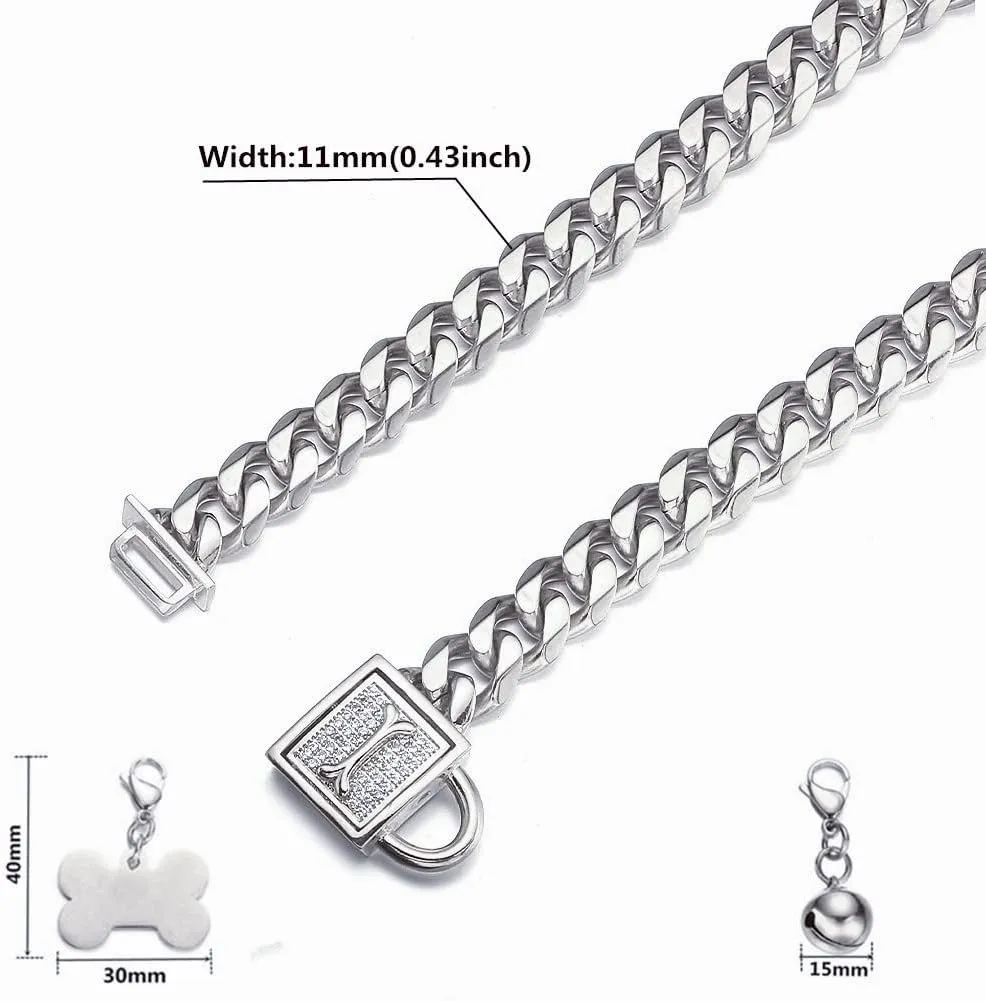 Silver Cuban Link Dog Collar Chew Proof Metal Stainless Steel Dog Chain Collar with CZ Lock,ID Tag and Bell 11/15/19MM for Small Medium Large Dogs(11mm,20inch)