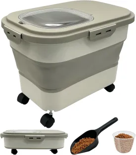 VCEPJH Collapsible Dog Food Storage Container 20 Lb Pet Food Storage with Wheel Scoop Measuring Cup Airtight Cat Food Containers Dry Food Sealed Bucket Kitchen Rice Cereal Flour Holder Bin (Khaki)