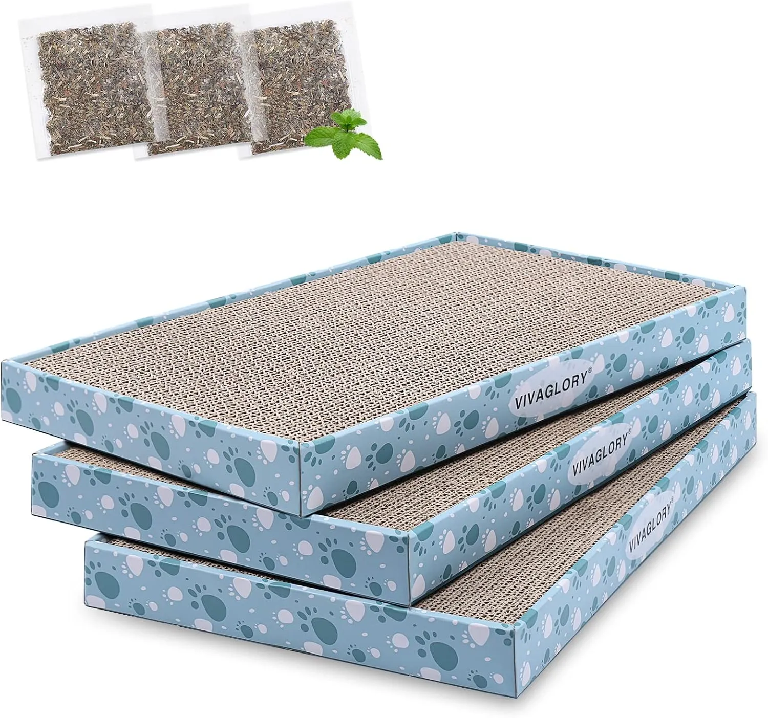 VIVAGLORY Cat Scratcher & Pads, Reversible Scratching Board for Indoor Cats, Cardboard, Catnip Included, 3 Pack, Extra Wide