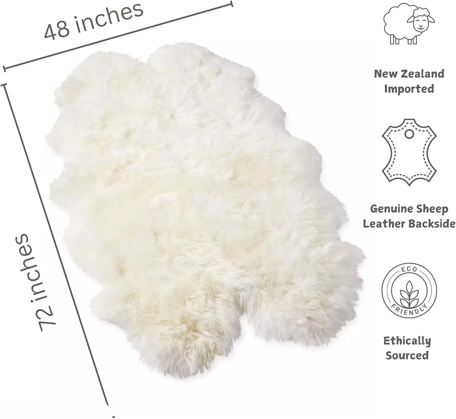 Woolous Sheepskin Rug 4x6 ft - Large Genuine New Zealand Lambskin Wool Quad Pelt Sheep Skin Fur Throw Area Rug for Nursery, Bedroom, and Living Room Decor (Ivory-White)
